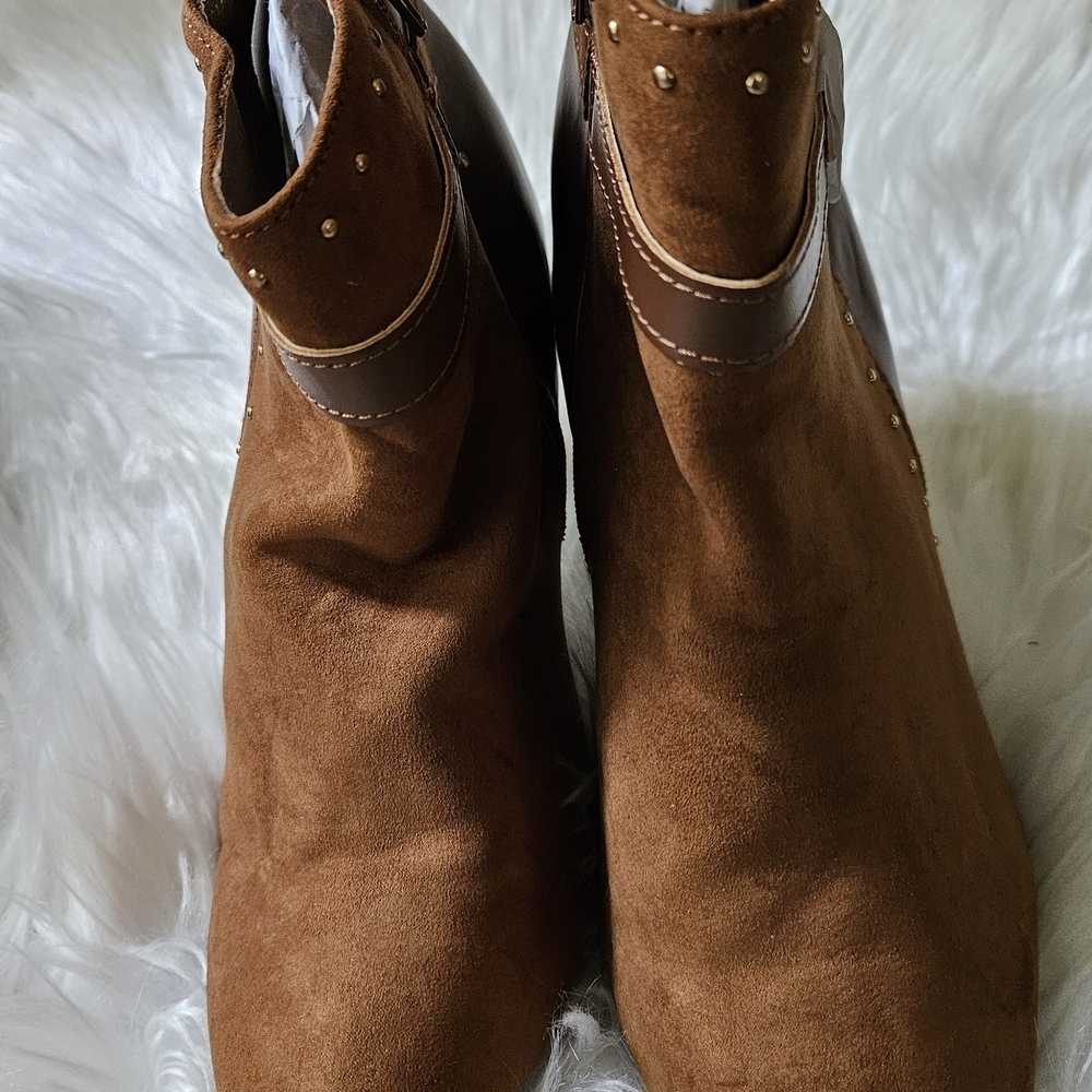 Rouge! Brown Suede Ankle Booties with Stud Accents